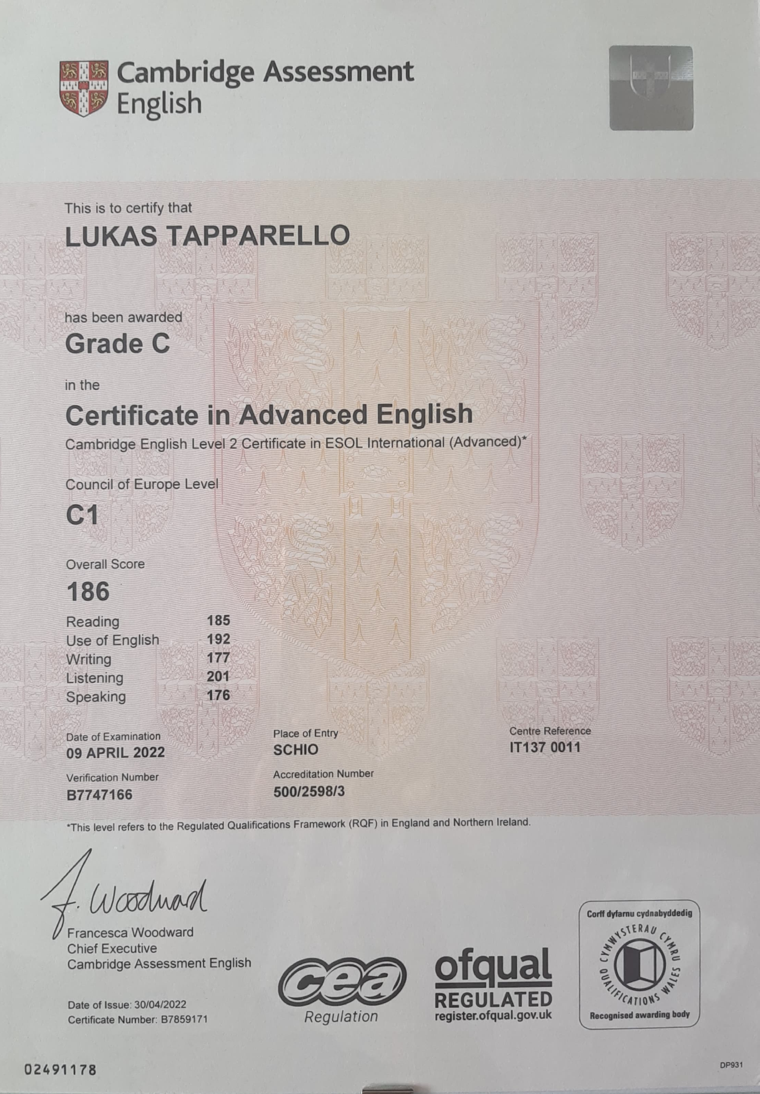 Cambridge C1 Advanced Certificate awarded to Lukas Tapparello
