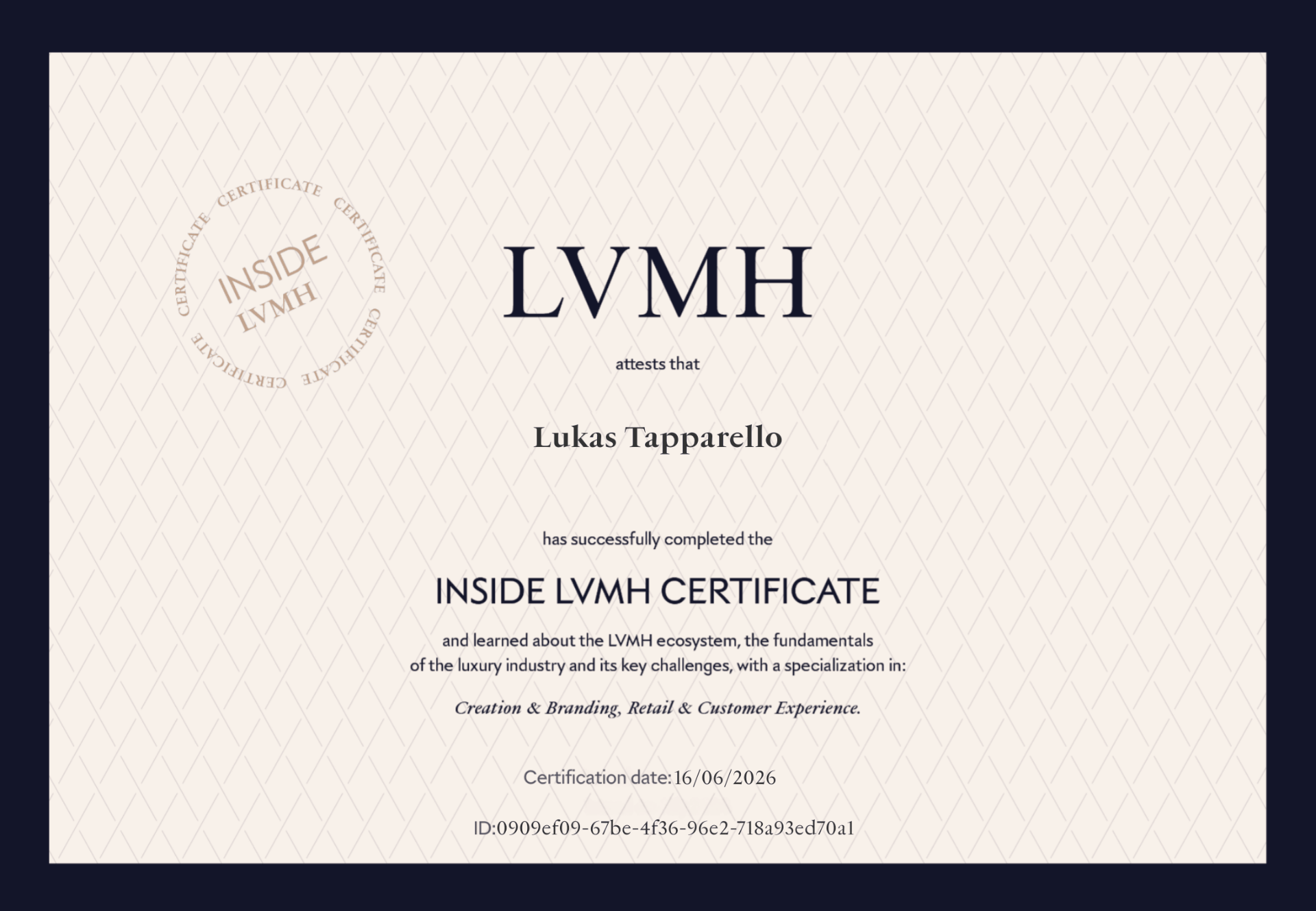Inside LVMH Certificate awarded to Lukas Tapparello