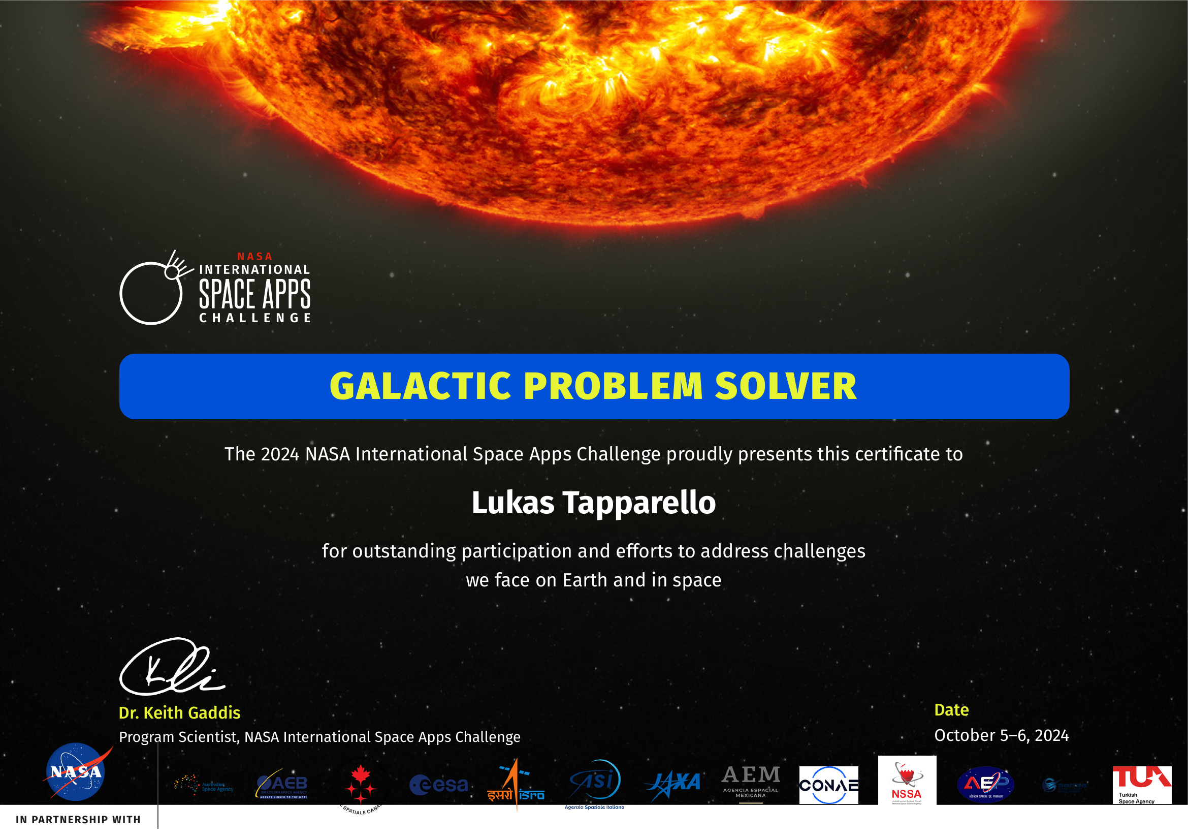 NASA Space Apps Challenge — Galactic Problem Solver certificate awarded to Lukas Tapparello